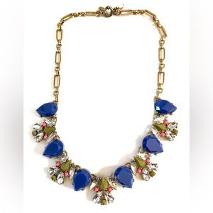 - J. Crew Brass Blue & Olive W Crystals Statement Necklace